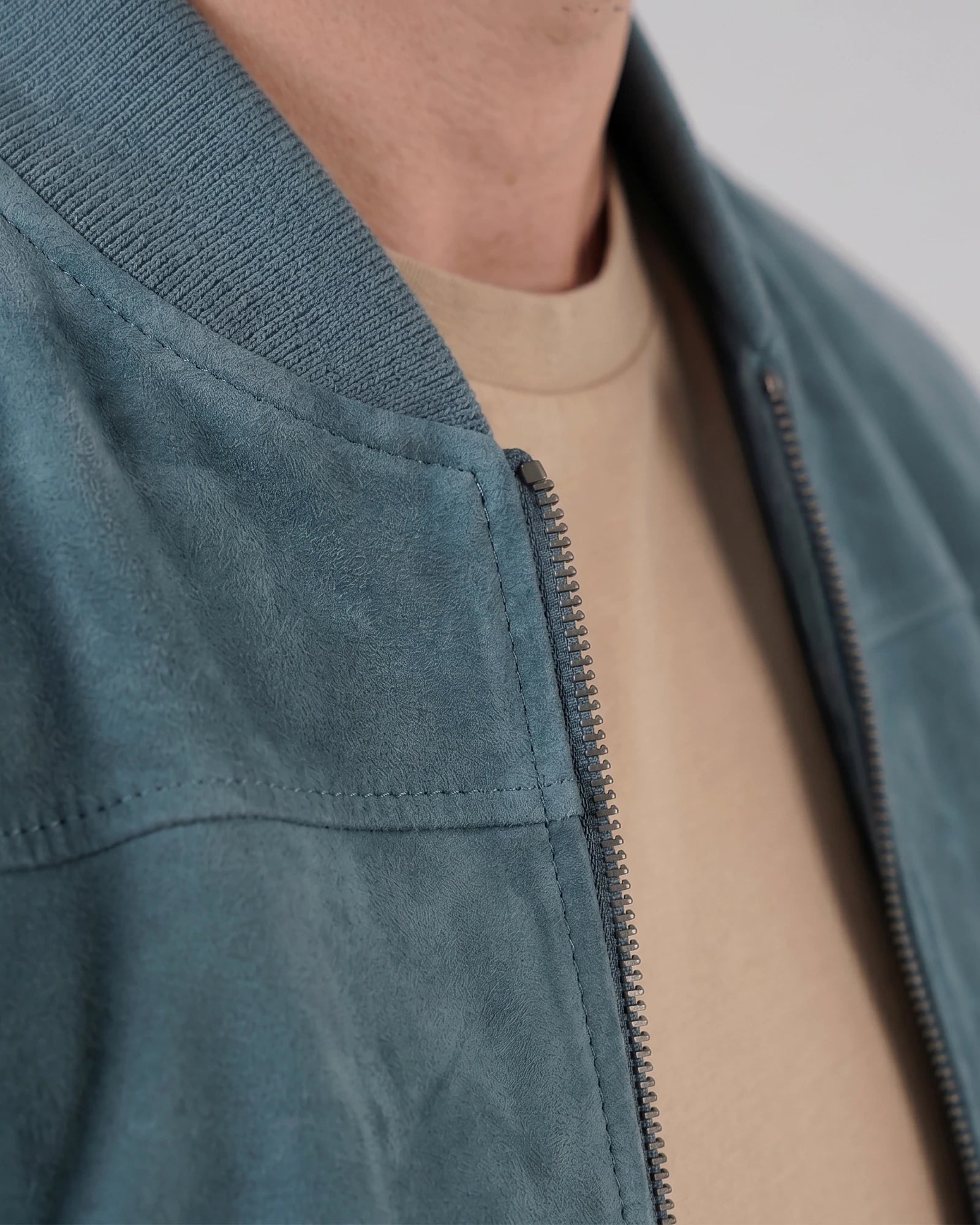 Men's Suede-Effect Bomber Jacket Ribbed Collar Full Zip Brown Green - Valedrian — view 24