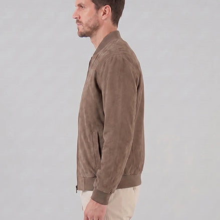 Men's Suede-Effect Bomber Jacket Ribbed Collar Full Zip Brown Green - Valedrian — view 2