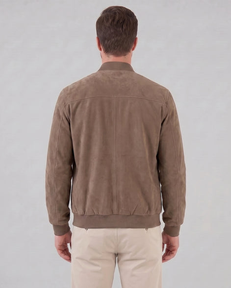 Men's Suede-Effect Bomber Jacket Ribbed Collar Full Zip Brown Green - Valedrian — view 3