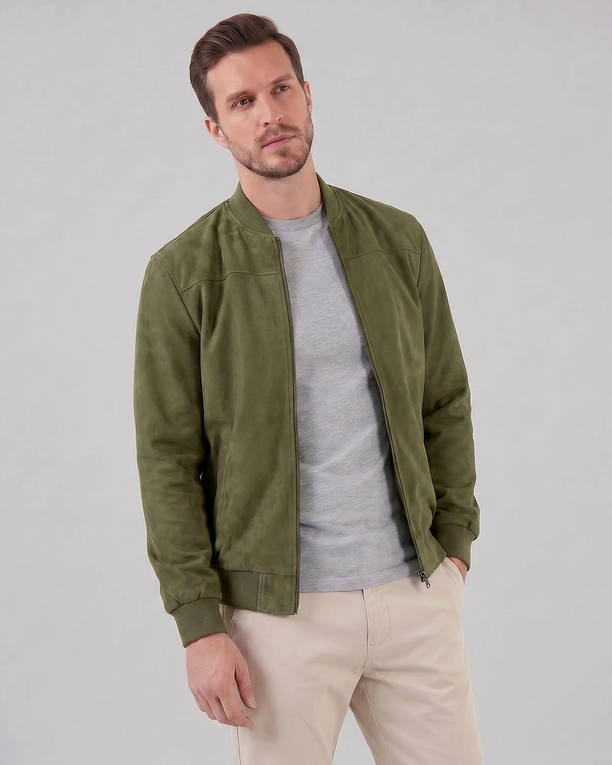 Men's Suede-Effect Bomber Jacket Ribbed Collar Full Zip Brown Green - Valedrian — view 6