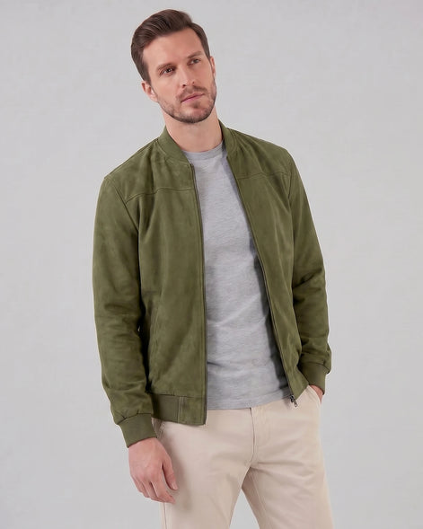 Men's Suede-Effect Bomber Jacket Ribbed Collar Full Zip Brown Green - Valedrian — view 6