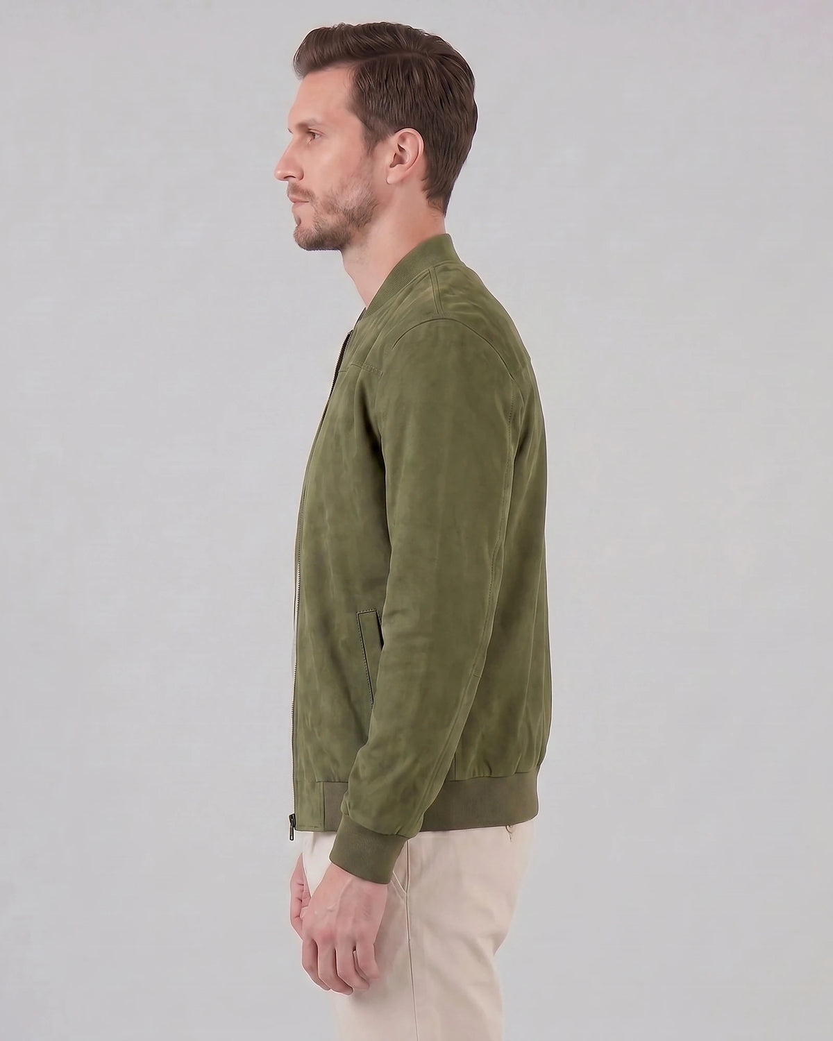 Men's Suede-Effect Bomber Jacket Ribbed Collar Full Zip Brown Green - Valedrian — view 7