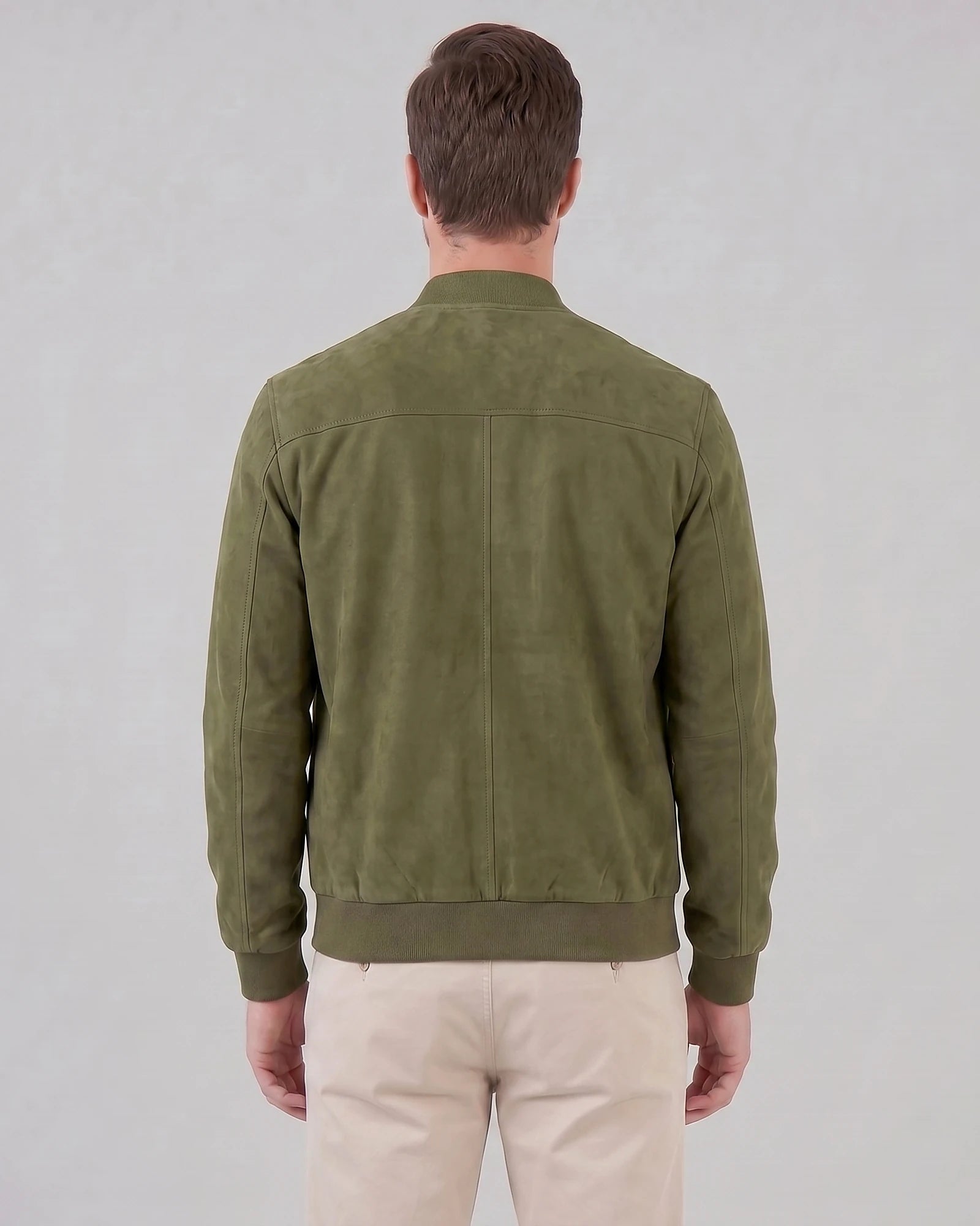 Men's Suede-Effect Bomber Jacket Ribbed Collar Full Zip Brown Green - Valedrian — view 8