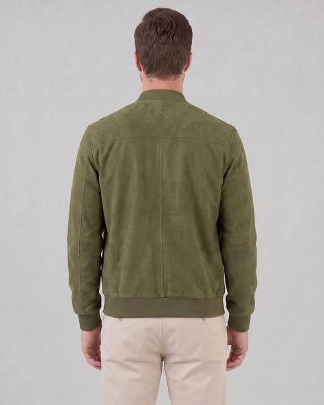 Men's Suede-Effect Bomber Jacket Ribbed Collar Full Zip Brown Green - Valedrian — view 8