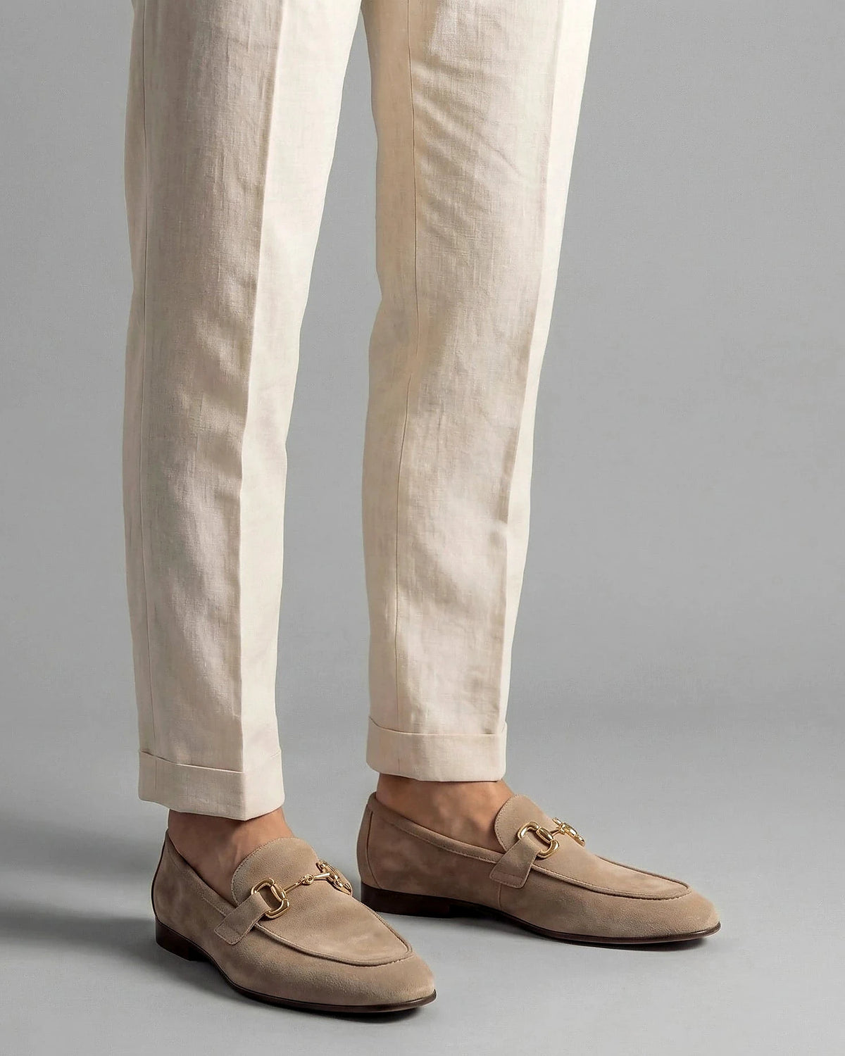 Men's Suede Horsebit Loafers Beige Almond Toe Rubber Sole - Valedrian