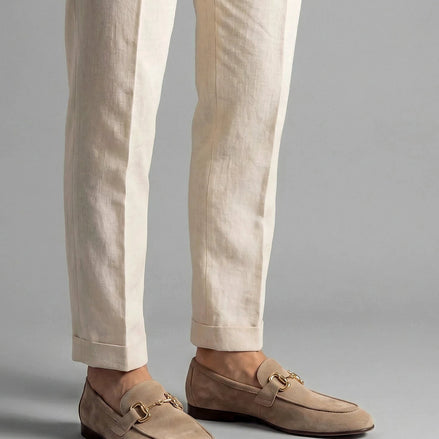 Men's Suede Horsebit Loafers Beige Almond Toe Rubber Sole - Valedrian