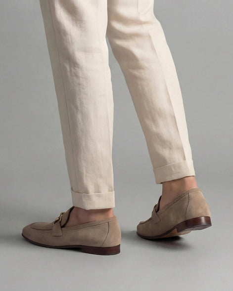 Men's Suede Horsebit Loafers Beige Almond Toe Rubber Sole - Valedrian — view 4