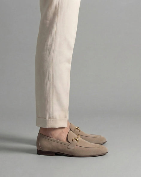 Men's Suede Horsebit Loafers Beige Almond Toe Rubber Sole - Valedrian — view 5