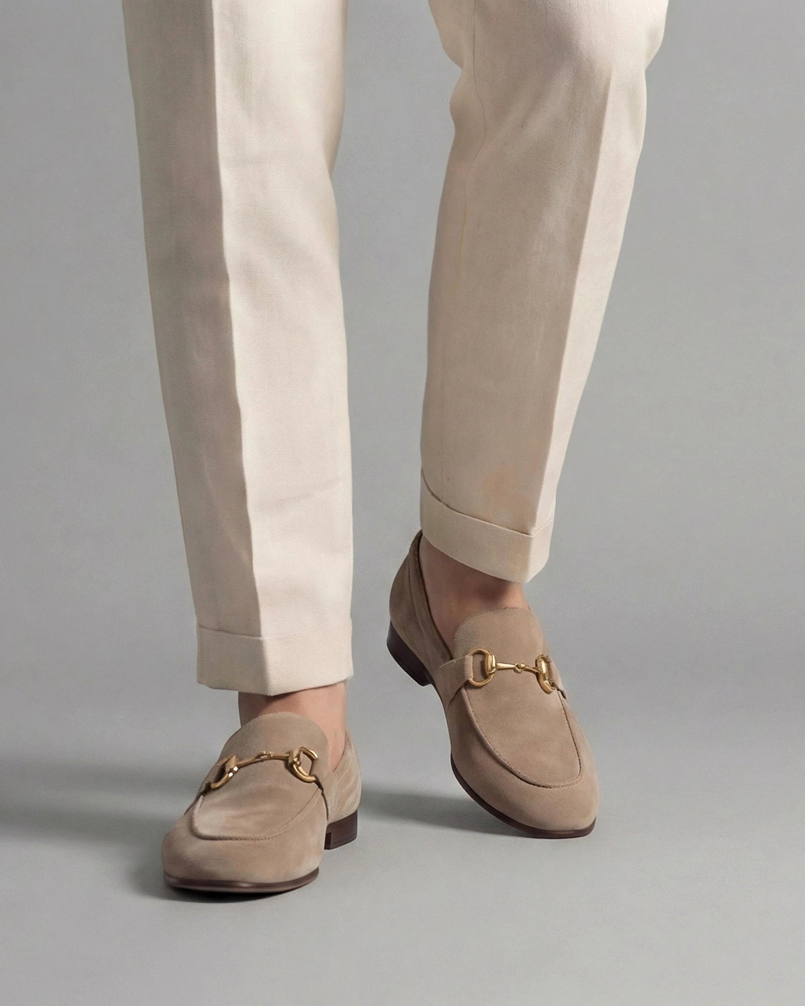 Men's Suede Horsebit Loafers Beige Almond Toe Rubber Sole - Valedrian — view 6