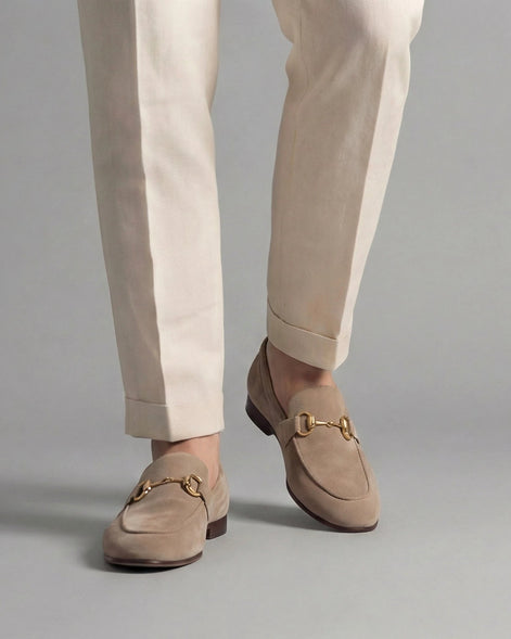 Men's Suede Horsebit Loafers Beige Almond Toe Rubber Sole - Valedrian — view 6