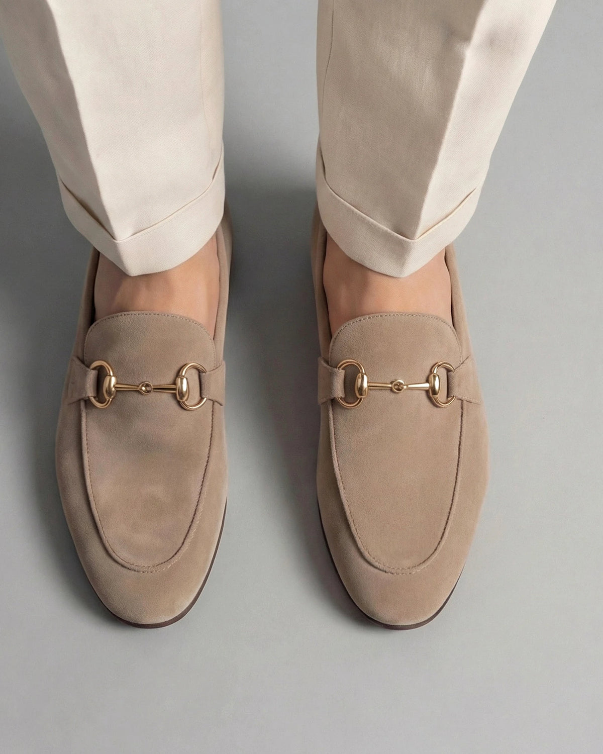 Men's Suede Horsebit Loafers Beige Almond Toe Rubber Sole - Valedrian — view 7