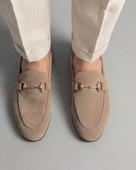 Men's Suede Horsebit Loafers Beige Almond Toe Rubber Sole - Valedrian — view 7