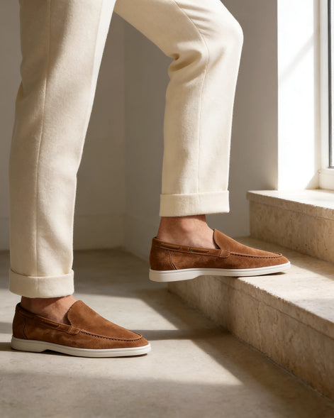 Men's Suede Loafers Slip-On Low Profile Light Beige – Valedrian — view 18