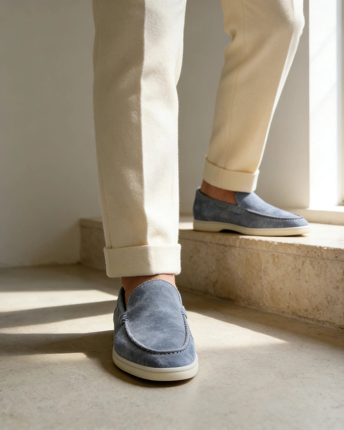 Men's Suede Loafers Slip-On Low Profile Light Beige – Valedrian — view 26