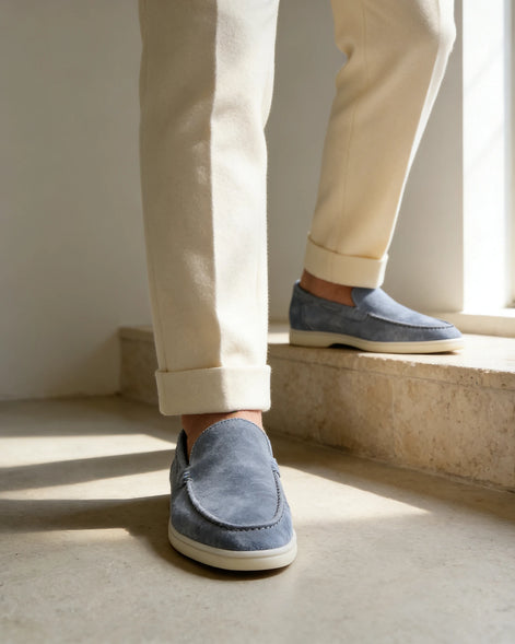 Men's Suede Loafers Slip-On Low Profile Light Beige – Valedrian — view 26