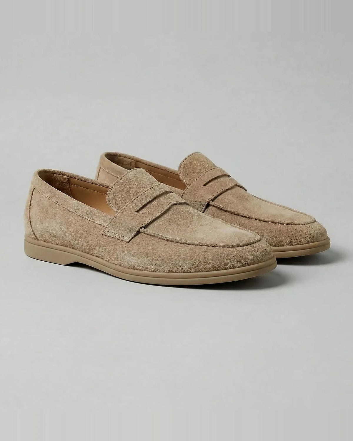 Men's Suede Penny Loafers Beige Rubber Sole Sizes 5–9.5 – Valedrian