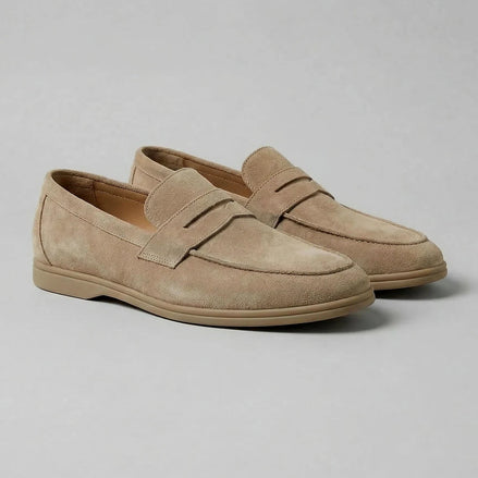 Men's Suede Penny Loafers Beige Rubber Sole Sizes 5–9.5 – Valedrian