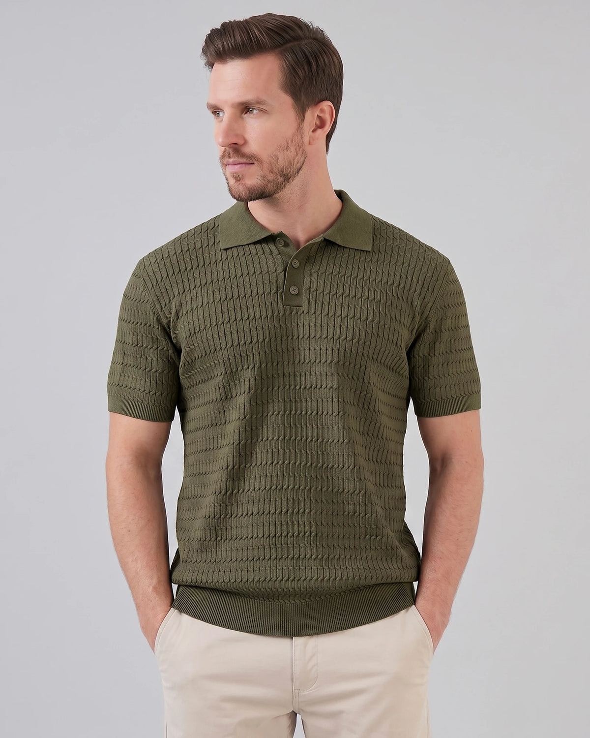 Men's Textured Cable Knit Polo Shirt Slim Fit Polyester Sizes M–3XL – Valedrian — view 11