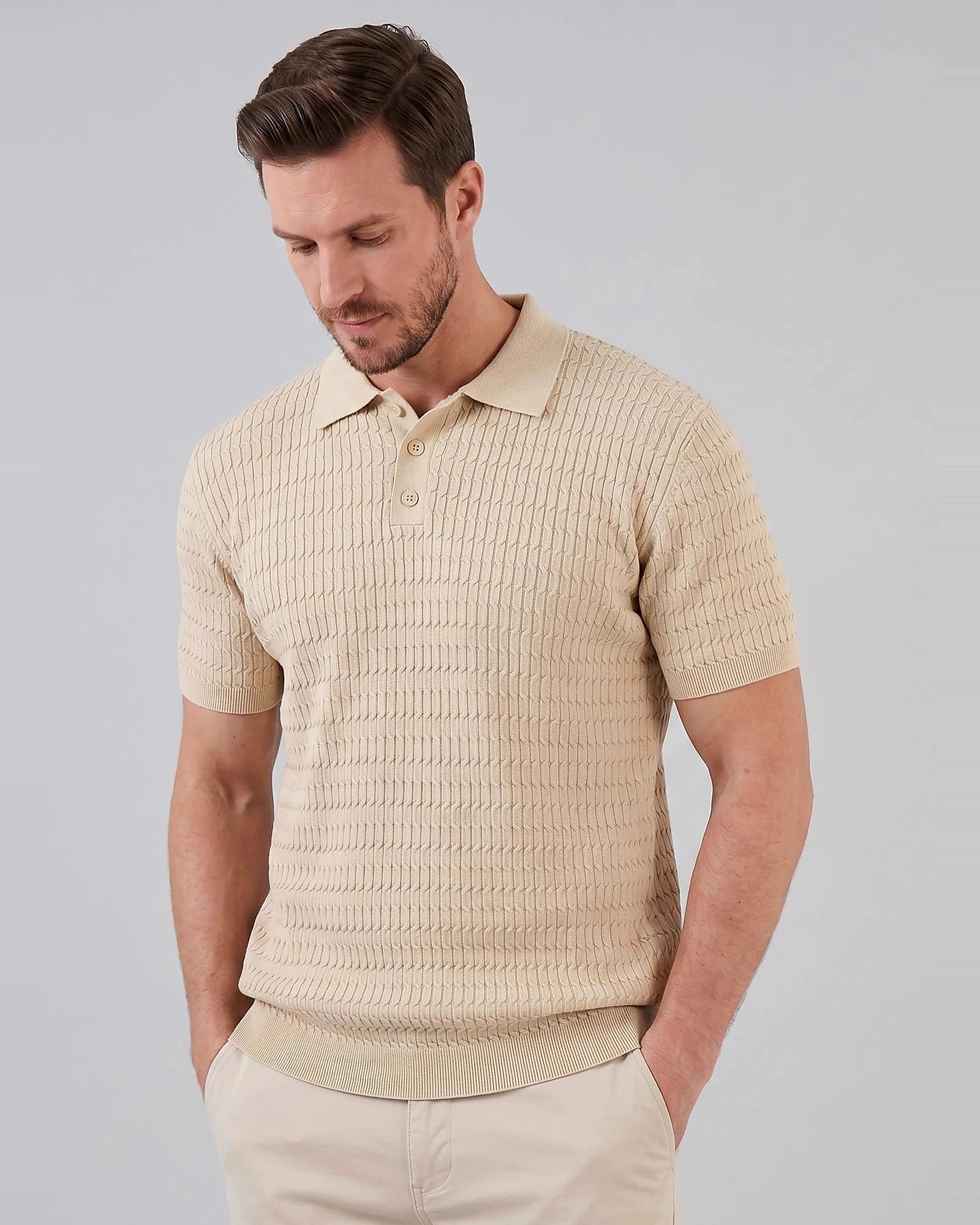 Men's Textured Cable Knit Polo Shirt Slim Fit Polyester Sizes M–3XL – Valedrian