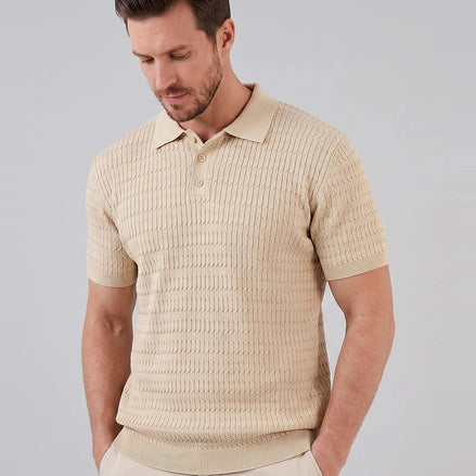 Men's Textured Cable Knit Polo Shirt Slim Fit Polyester Sizes M–3XL – Valedrian