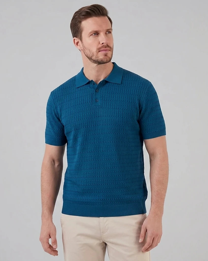 Men's Textured Cable Knit Polo Shirt Slim Fit Polyester Sizes M–3XL – Valedrian — view 6