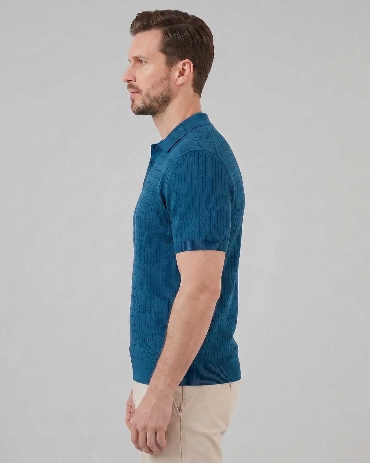 Men's Textured Cable Knit Polo Shirt Slim Fit Polyester Sizes M–3XL – Valedrian — view 7