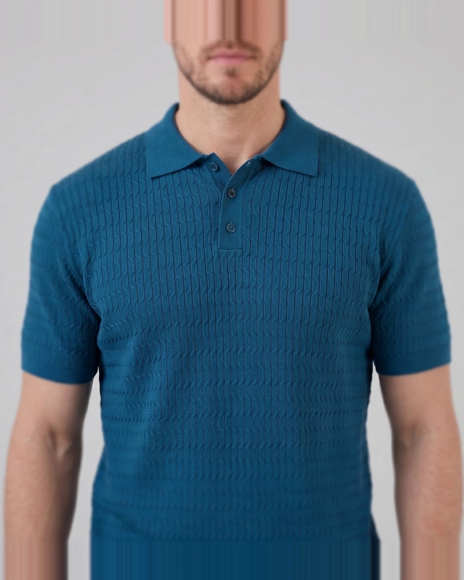 Men's Textured Cable Knit Polo Shirt Slim Fit Polyester Sizes M–3XL – Valedrian — view 9