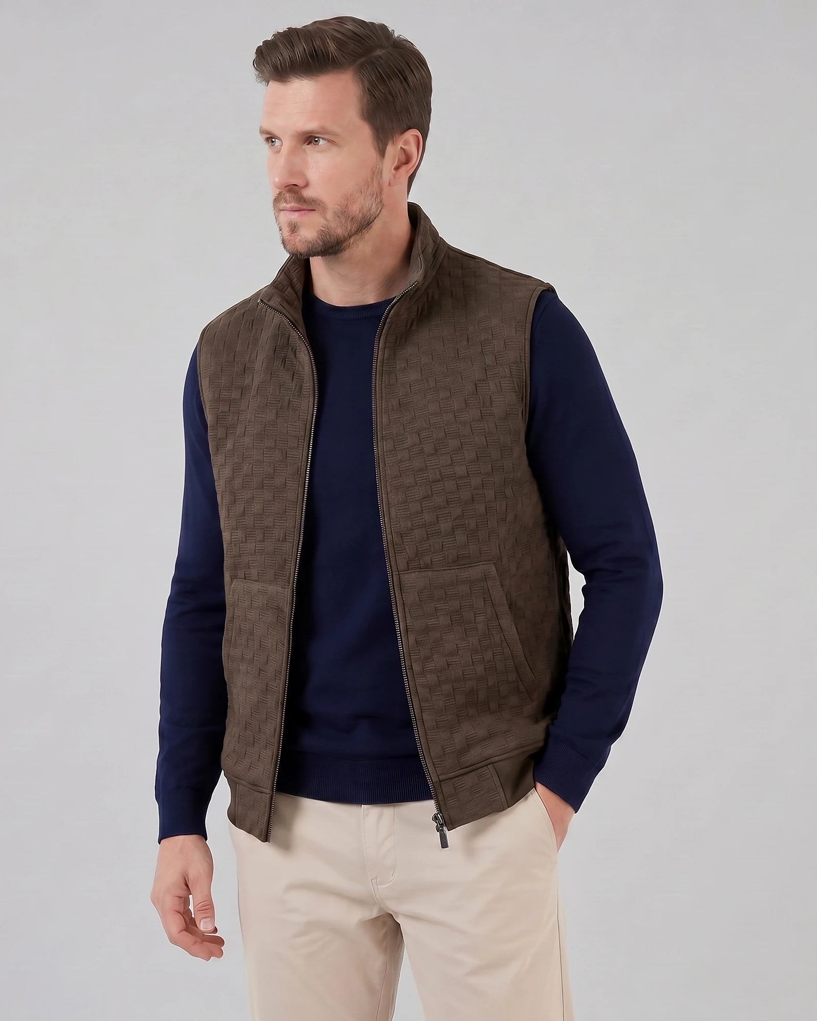 Men's Utility Zip Vest Stand-Up Collar Deep Pockets Khaki Brown - Valedrian — view 11