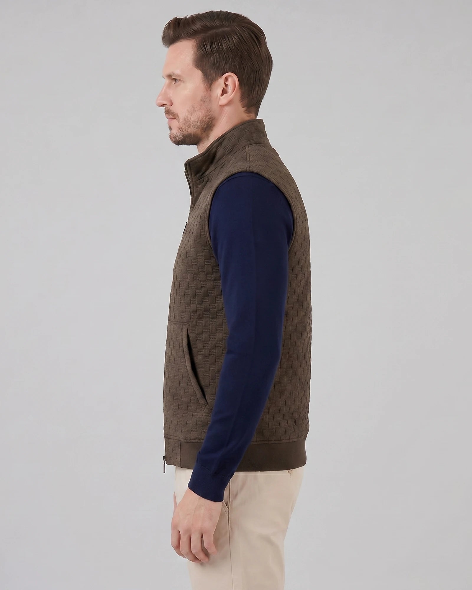 Men's Utility Zip Vest Stand-Up Collar Deep Pockets Khaki Brown - Valedrian — view 12