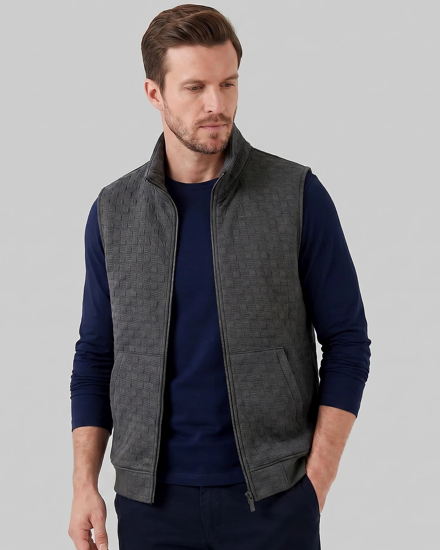 Men's Utility Zip Vest Stand-Up Collar Deep Pockets Khaki Brown - Valedrian