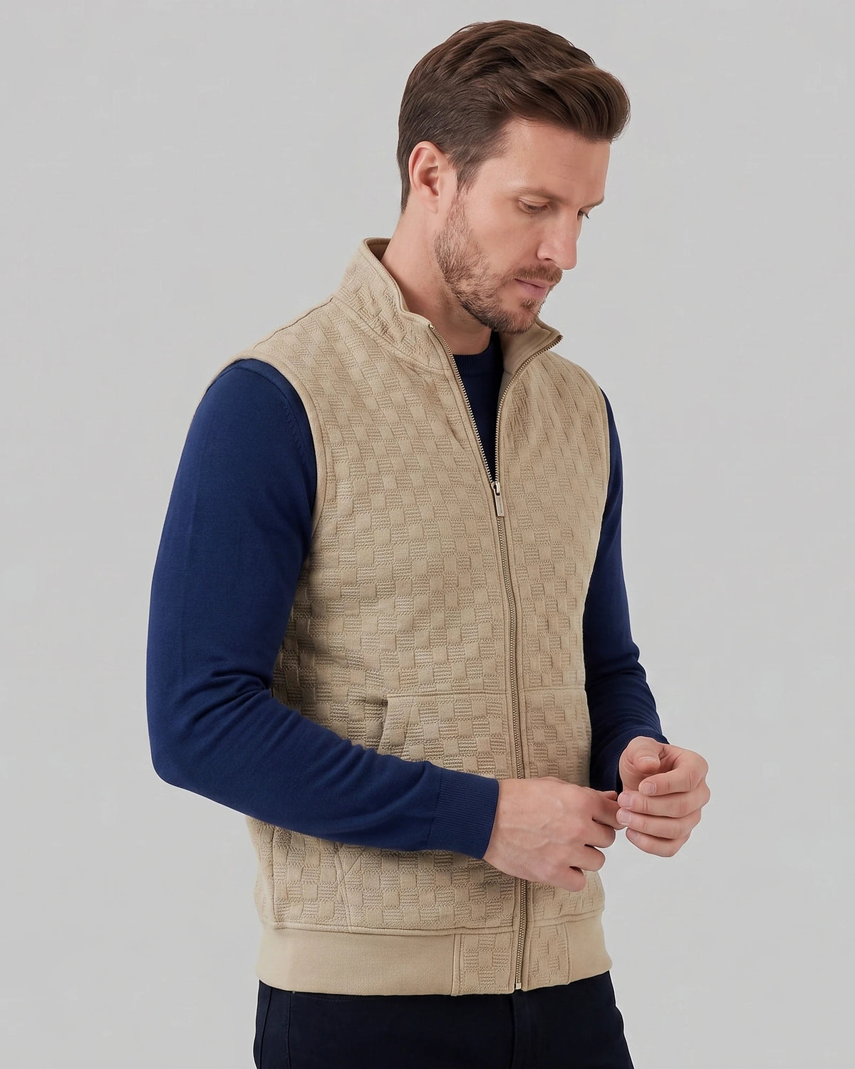 Men's Utility Zip Vest Stand-Up Collar Deep Pockets Khaki Brown - Valedrian — view 6