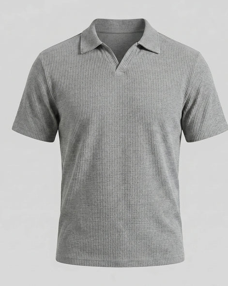Men's Waffle Knit Open Collar Polo 95% Polyester Slim Fit Black Gray - Valedrian — view 10