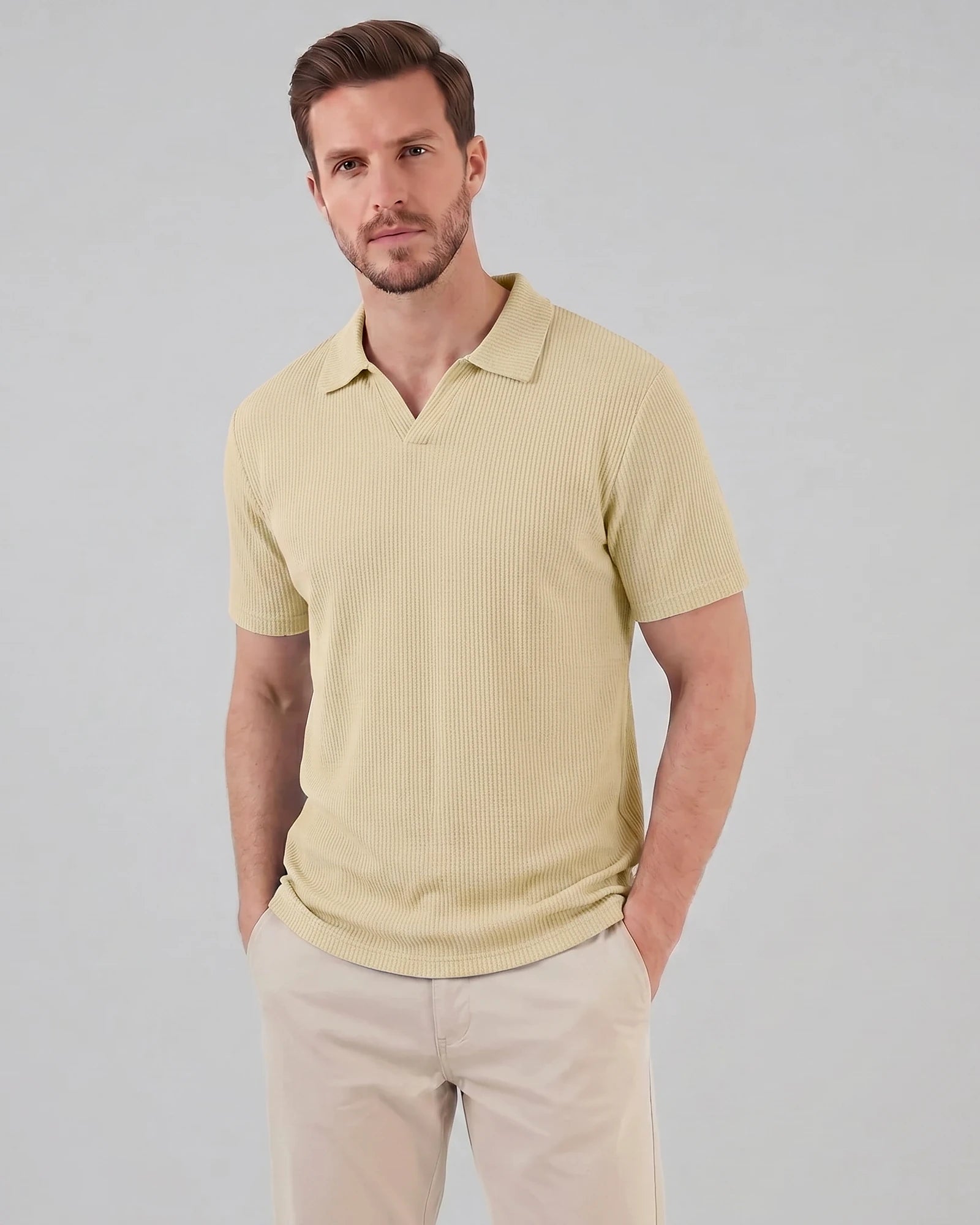 Men's Waffle Knit Open Collar Polo 95% Polyester Slim Fit Black Gray - Valedrian — view 11