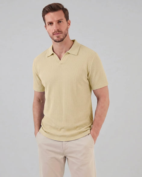 Men's Waffle Knit Open Collar Polo 95% Polyester Slim Fit Black Gray - Valedrian — view 11