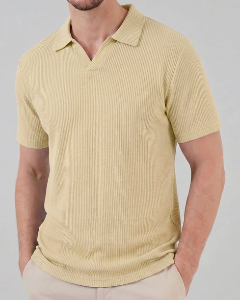 Men's Waffle Knit Open Collar Polo 95% Polyester Slim Fit Black Gray - Valedrian — view 14