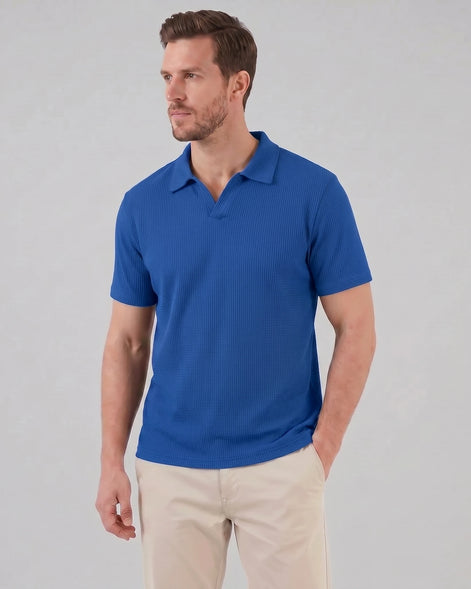 Men's Waffle Knit Open Collar Polo 95% Polyester Slim Fit Black Gray - Valedrian — view 16