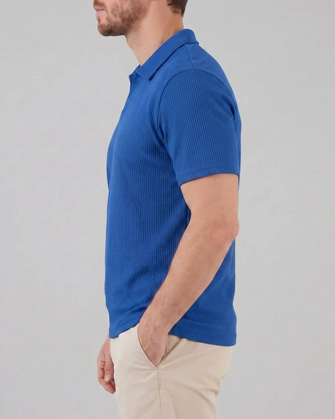 Men's Waffle Knit Open Collar Polo 95% Polyester Slim Fit Black Gray - Valedrian — view 17