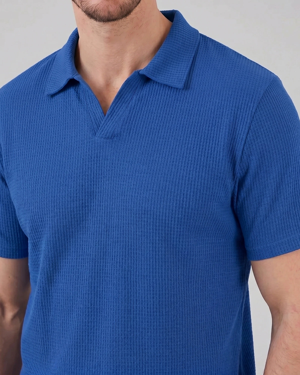 Men's Waffle Knit Open Collar Polo 95% Polyester Slim Fit Black Gray - Valedrian — view 19