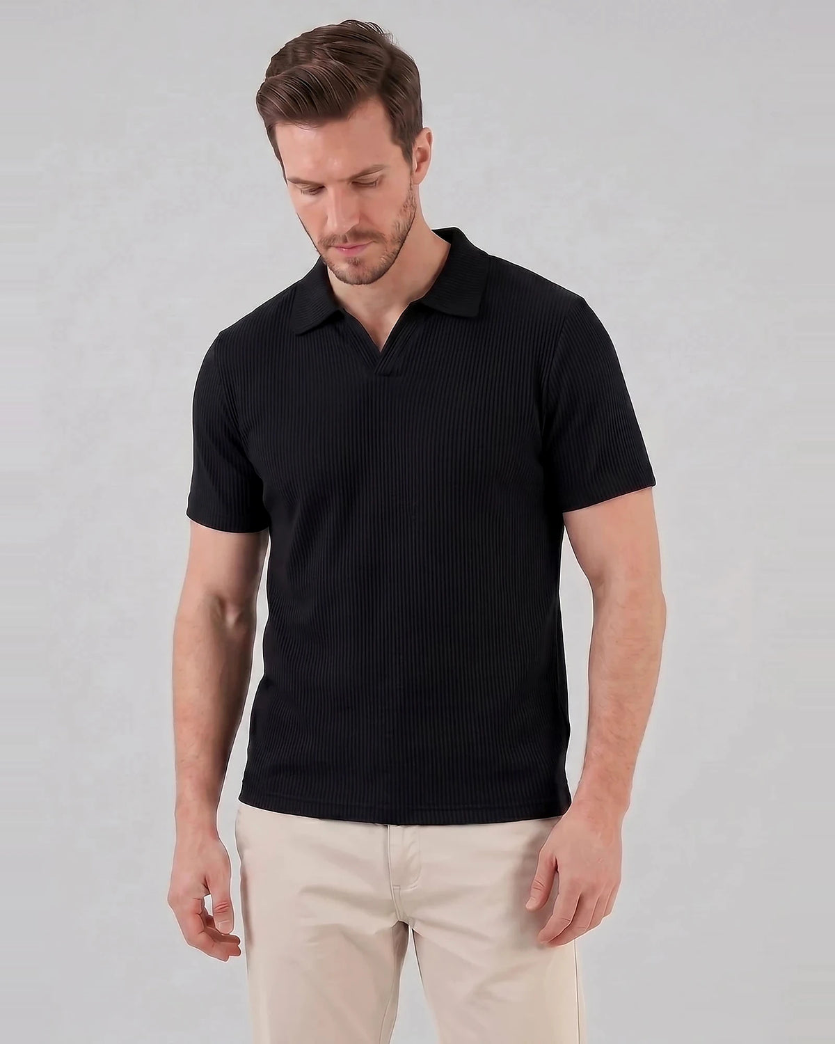 Men's Waffle Knit Open Collar Polo 95% Polyester Slim Fit Black Gray - Valedrian