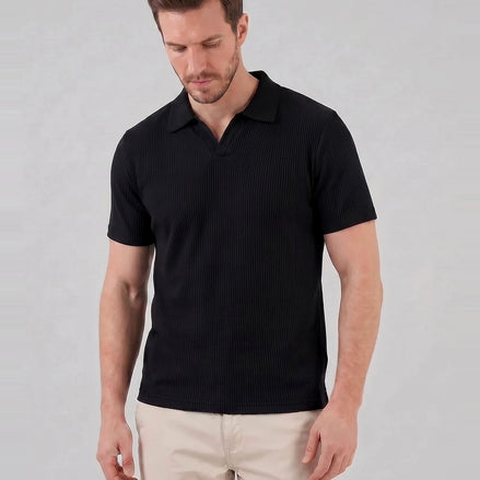 Men's Waffle Knit Open Collar Polo 95% Polyester Slim Fit Black Gray - Valedrian