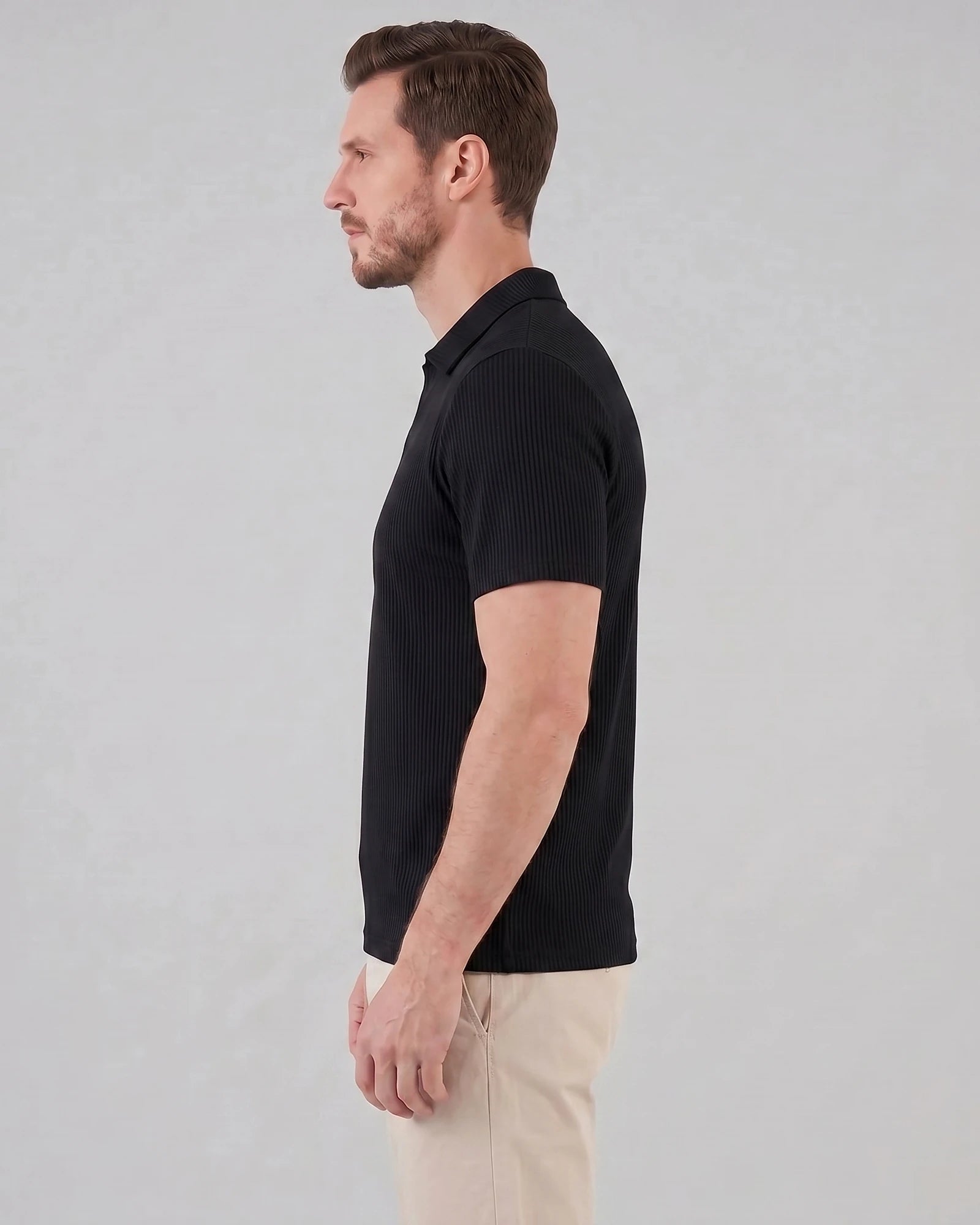 Men's Waffle Knit Open Collar Polo 95% Polyester Slim Fit Black Gray - Valedrian — view 2