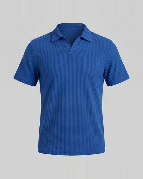 Men's Waffle Knit Open Collar Polo 95% Polyester Slim Fit Black Gray - Valedrian — view 20