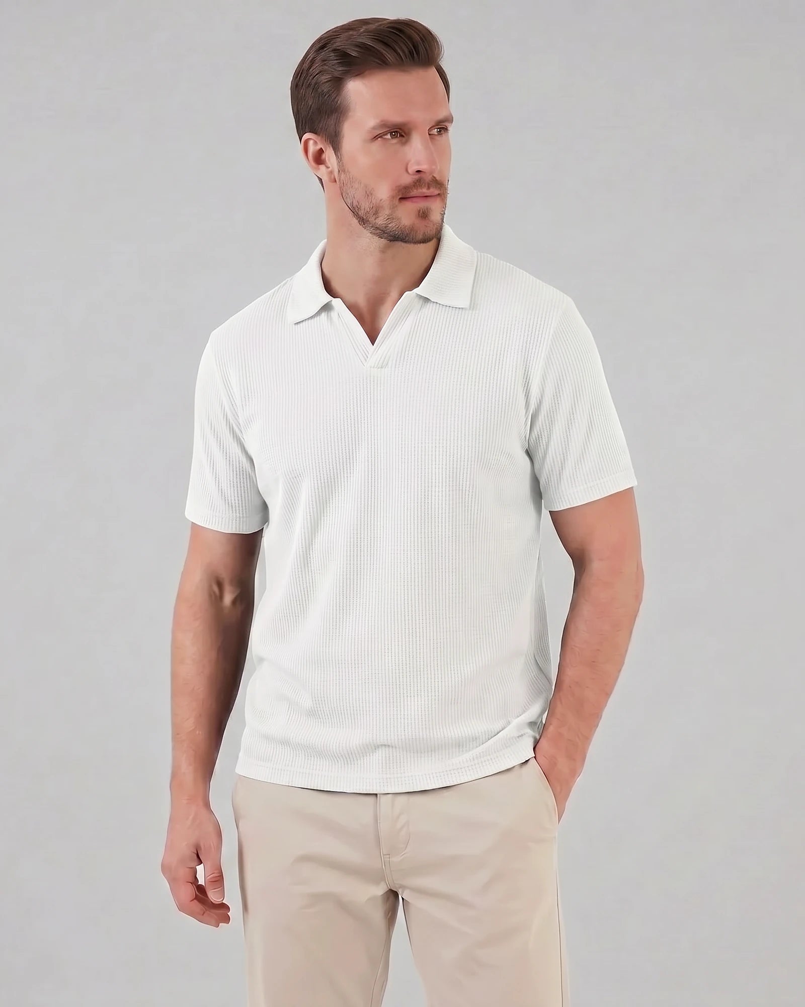 Men's Waffle Knit Open Collar Polo 95% Polyester Slim Fit Black Gray - Valedrian — view 21