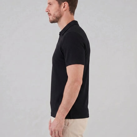 Men's Waffle Knit Open Collar Polo 95% Polyester Slim Fit Black Gray - Valedrian — view 2
