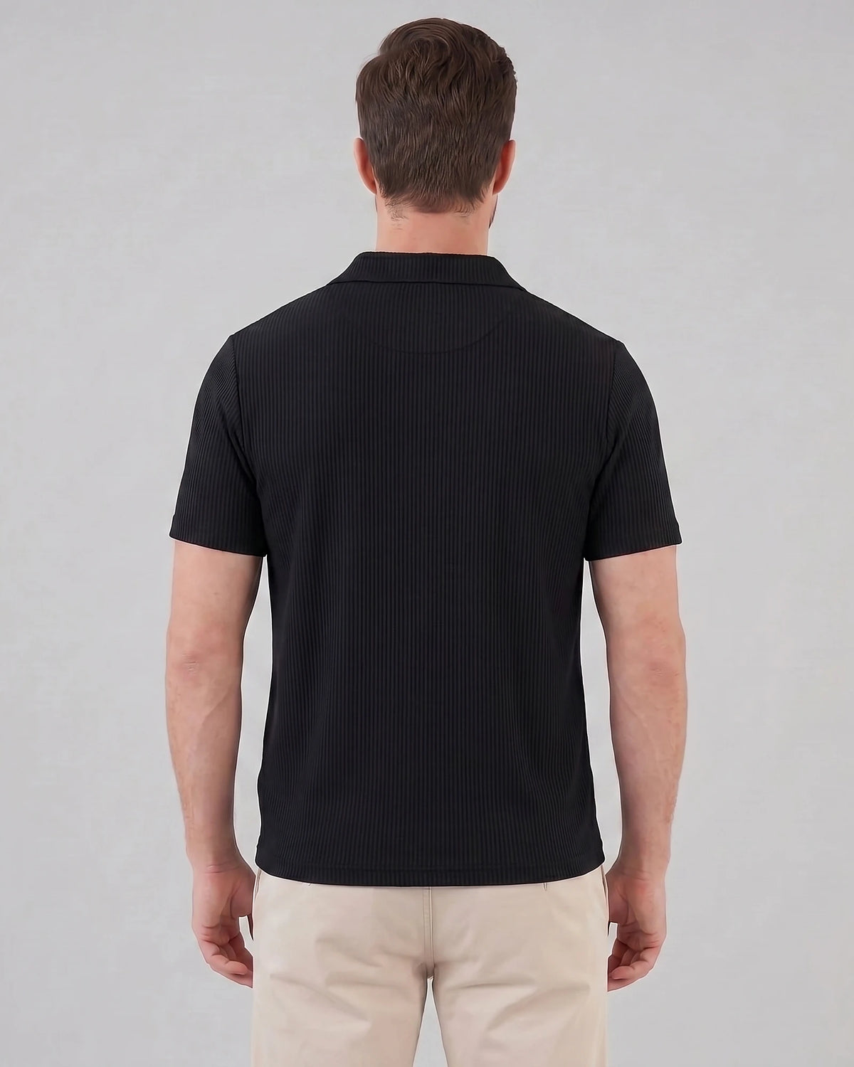 Men's Waffle Knit Open Collar Polo 95% Polyester Slim Fit Black Gray - Valedrian — view 3