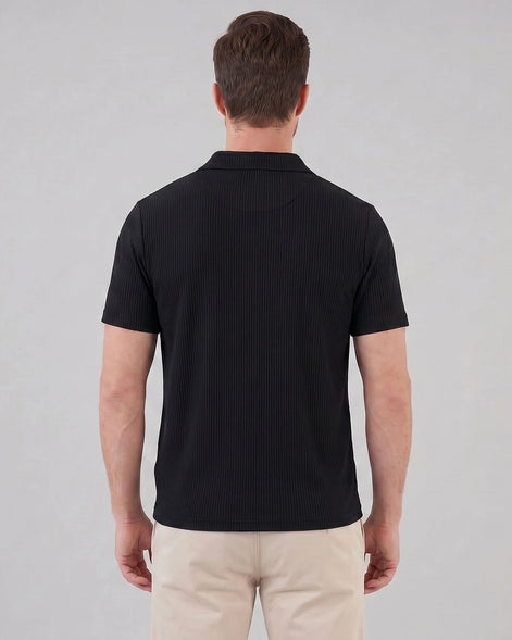 Men's Waffle Knit Open Collar Polo 95% Polyester Slim Fit Black Gray - Valedrian — view 3