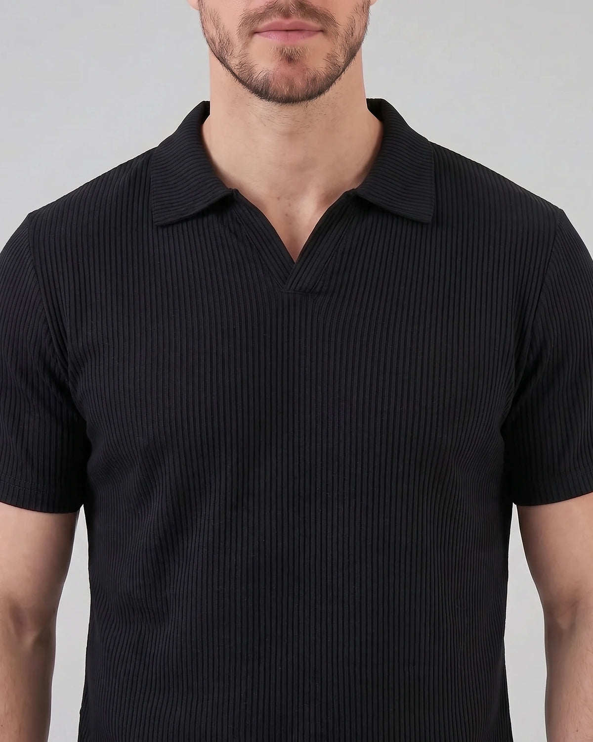 Men's Waffle Knit Open Collar Polo 95% Polyester Slim Fit Black Gray - Valedrian — view 4