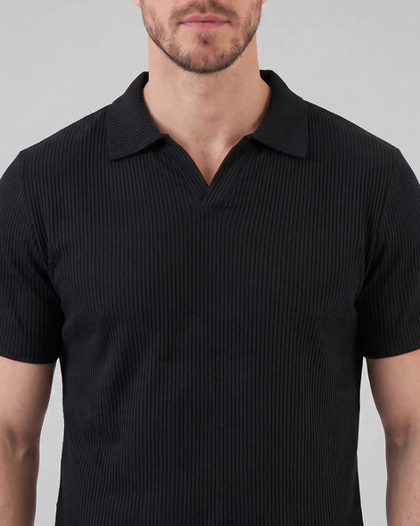 Men's Waffle Knit Open Collar Polo 95% Polyester Slim Fit Black Gray - Valedrian — view 4