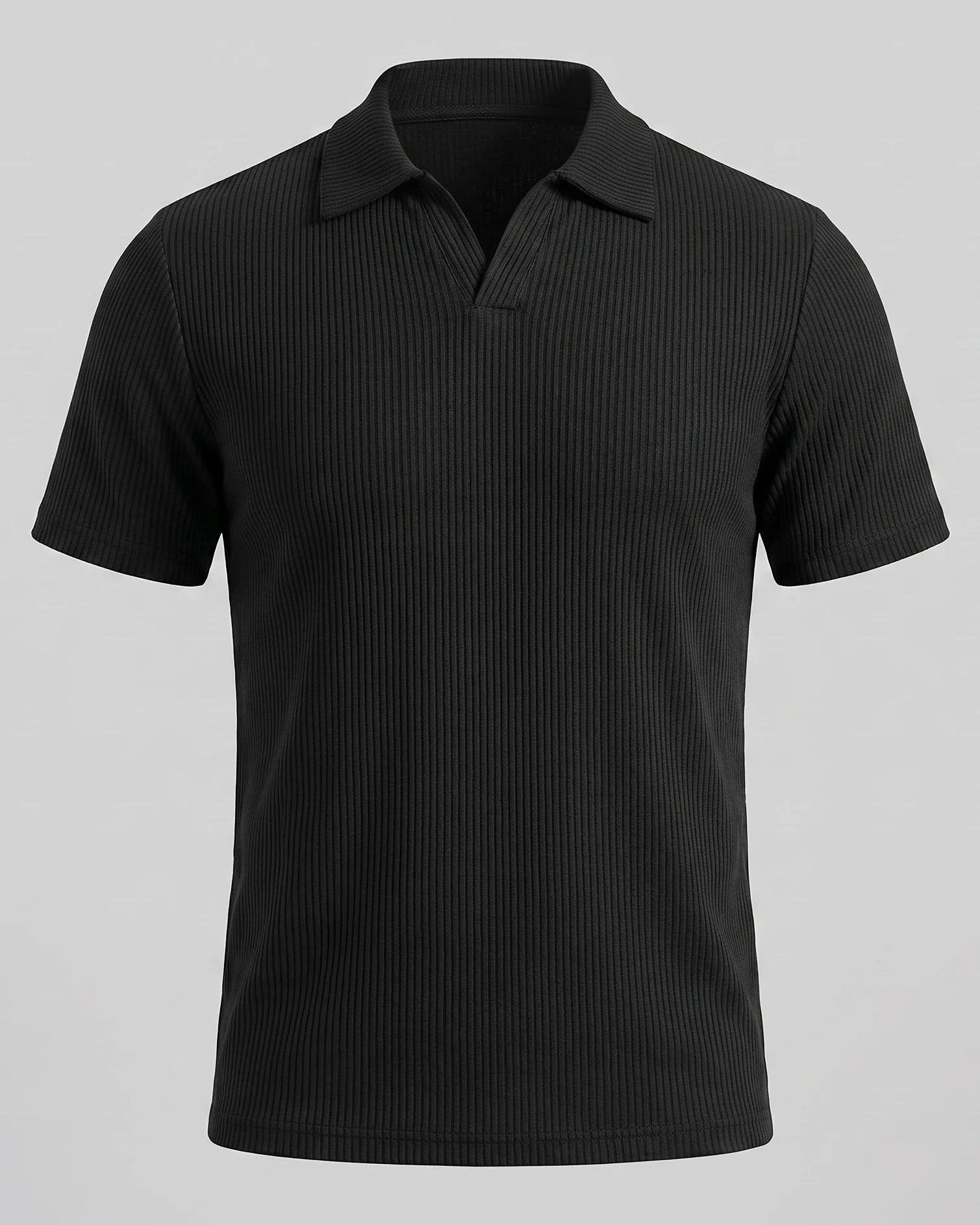 Men's Waffle Knit Open Collar Polo 95% Polyester Slim Fit Black Gray - Valedrian — view 5