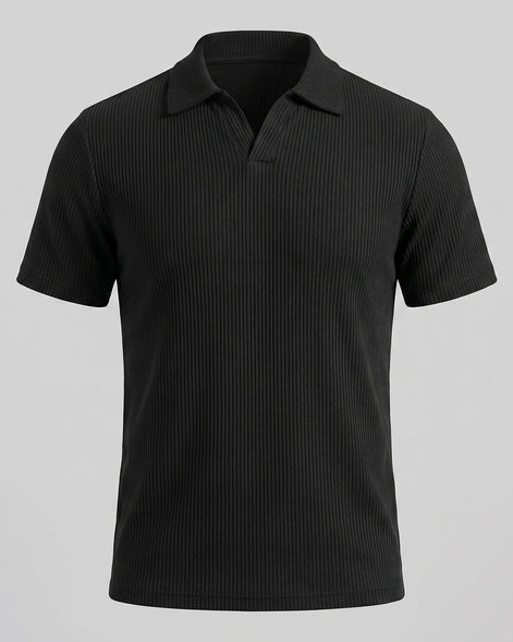 Men's Waffle Knit Open Collar Polo 95% Polyester Slim Fit Black Gray - Valedrian — view 5